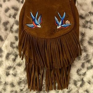 Vintage hand painted swallows suede fringe crossbody bag boho birds festival EVC